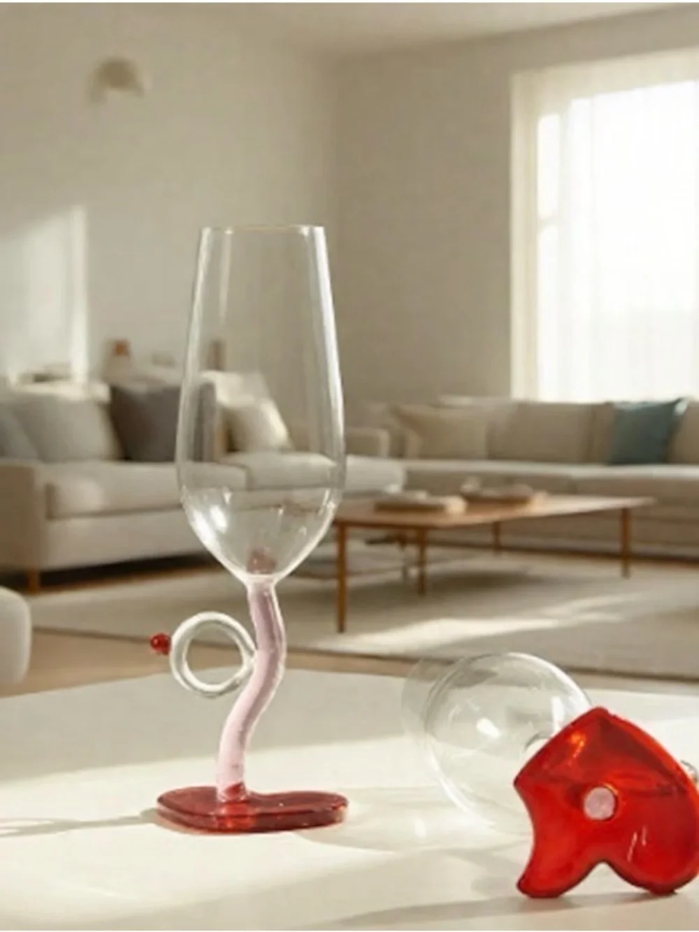 Heart Base Red Wine Glasses with Pink Stems - Set of 2